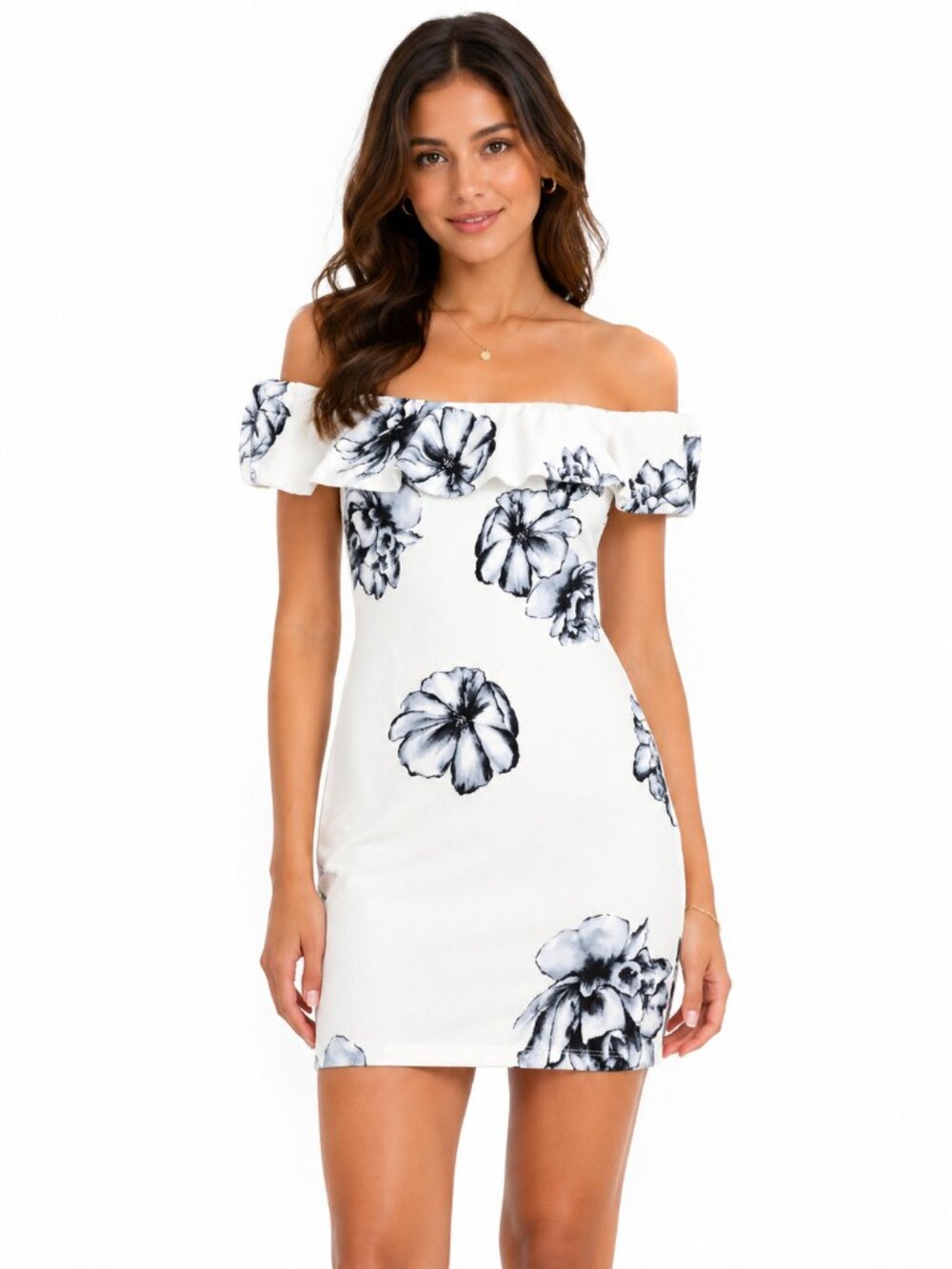 Iris Off Shoulder Floral Mini Dress White Gray NWT Juniors Large/Womens Size S/M